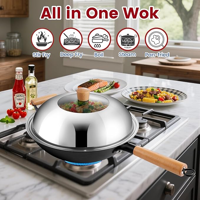 AOSION 13'' Nonstick Wok, Cast Iron Wok with Lid, 5 PCS Wok Pan & Stir-Fry Pans Set with Oil Filter Tray and Spatula, No Chemical Coated Flat Bottom Chinese Woks Pan for All Stoves
