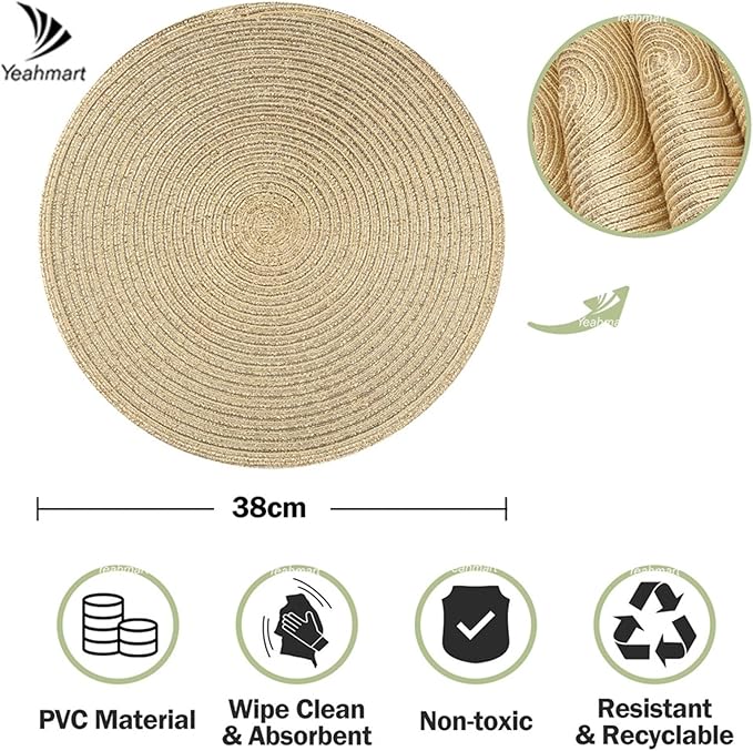 6PCS Braided Beige Round Place Mats for Kitchen Dining Table Runner Heat Insulation Non-Slip Washable Placemats Dinner(Sliver)