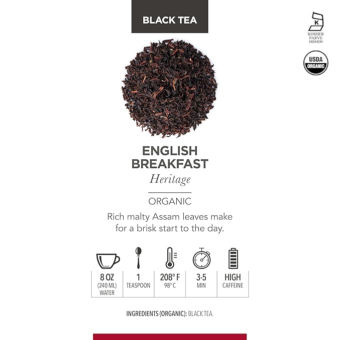 Teabloom Organic Black Tea, English Breakfast Heritage Loose Leaf Tea, Classic Variety from Sewpur Estate, USDA Certified Organic, 3.53 Ounce Loose Leaf Tea Canister Makes 35-50 Cups