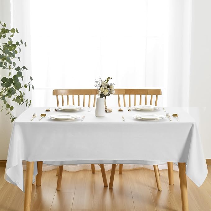 JIUZHEN Faux Linen Rectangle Tablecloth, Wrinkle Stain Resistant Farmhouse Textured Table Cloth Decorative Fabric for Kitchen, Dining, Party, Wedding,Outdoor Use,70 x 90 Inch,White