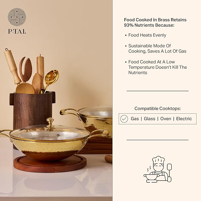 P-TAL Brass Kadhai 3L with Insulated Heat-Resistant Handle and Glass Lid | 100% Pure Brass Tin Coated Kadai for Cooking | Non-Stick and Chemical-Free (Free 30ml Copper & Brass Cleaning Solution)