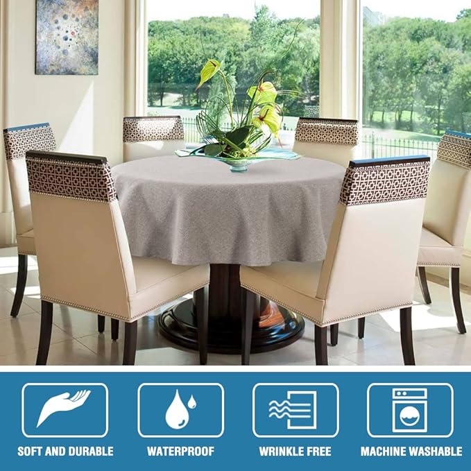 H.VERSAILTEX Linen Textured Tablecloth Round 60 inch Waterproof Decorative Table Cloth Spill-Proof Linen Look Cover for Party Table Extra Soft and Thick Fabric Wrinkle Free, Heather Taupe