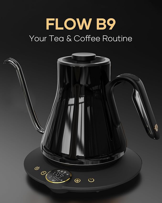 Cocinare FLOW B9 Gooseneck Electric Kettle, Precise Temperature Control for Pour-Over Coffee & Tea Brewing, Stainless Steel Interior, Rapid Heating for Boiling Water 0.9L (Soulages Black)