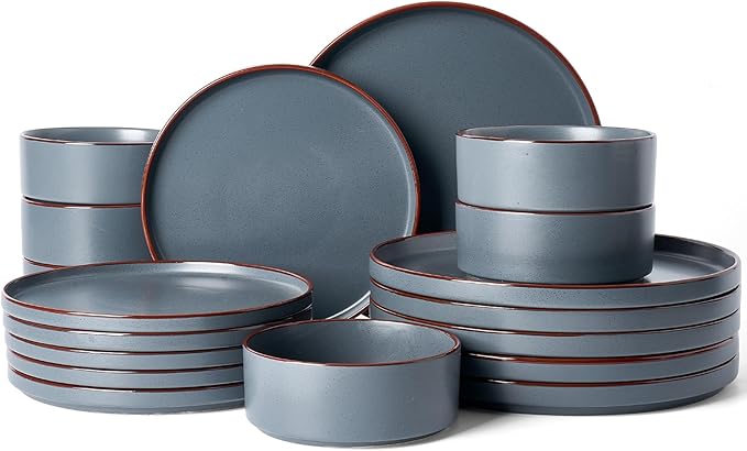 Famiware Nebula Ridge Stoneware Dinnerware Sets for 6, Plates and Bowls Sets, 18 Pieces Dishes Set, Microwave and Dishwasher Safe Kitchen Plates, Charcoal