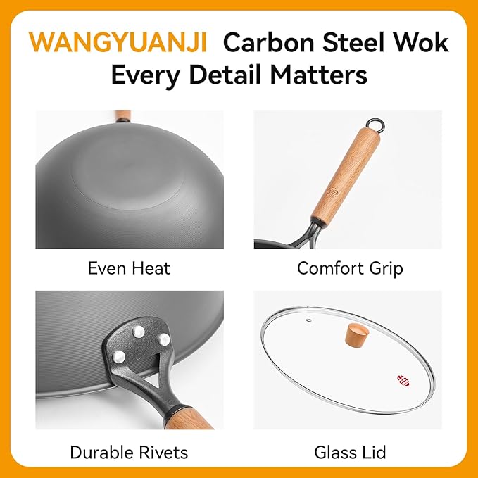 WANGYUANJI 12.6" Carbon Steel Wok with Lid & Spatula - Gift Ready Packaging, Precision Spun Iron Stir Fry Pan for 3-4 People - Flat Bottom, Nitrided Rust-Resistant Surface (Requires Seasoning)