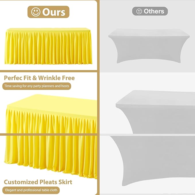 Wish Care 2 Pack Yellow Rectangle Table Clothes for 4 Foot Tables, Polyester Fitted Tablecloths 4ft Stretch Table Cover for Wedding, Birthday, Parties, Trade Show, Craft Show