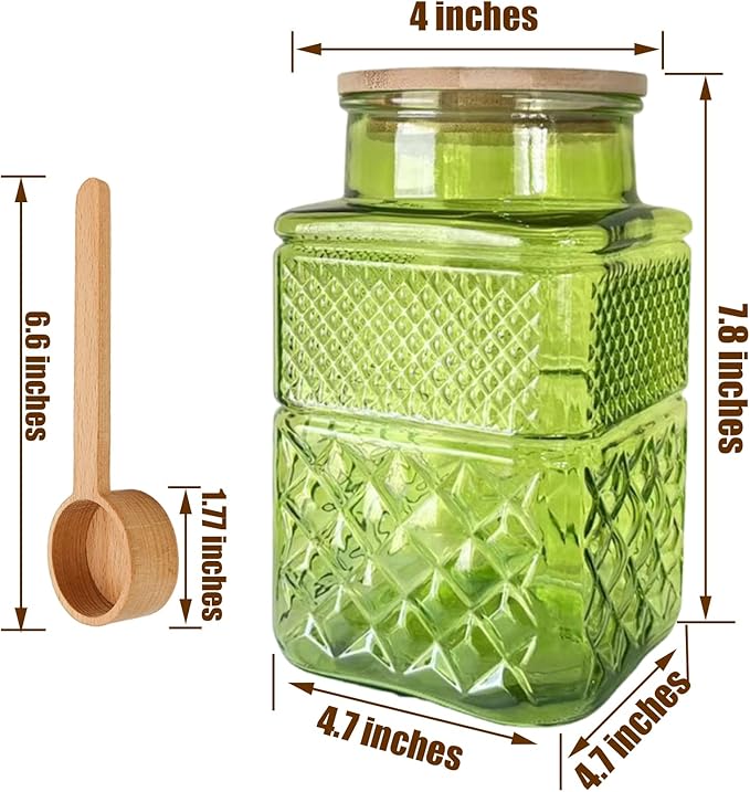 60oz Vintage Glass Jar with Airtight Lid and Wood Spoon Green Square Decorative Glass Storage Jars Canisters for Kitchen Counter Flour Sugar Cookie Coffee Tea