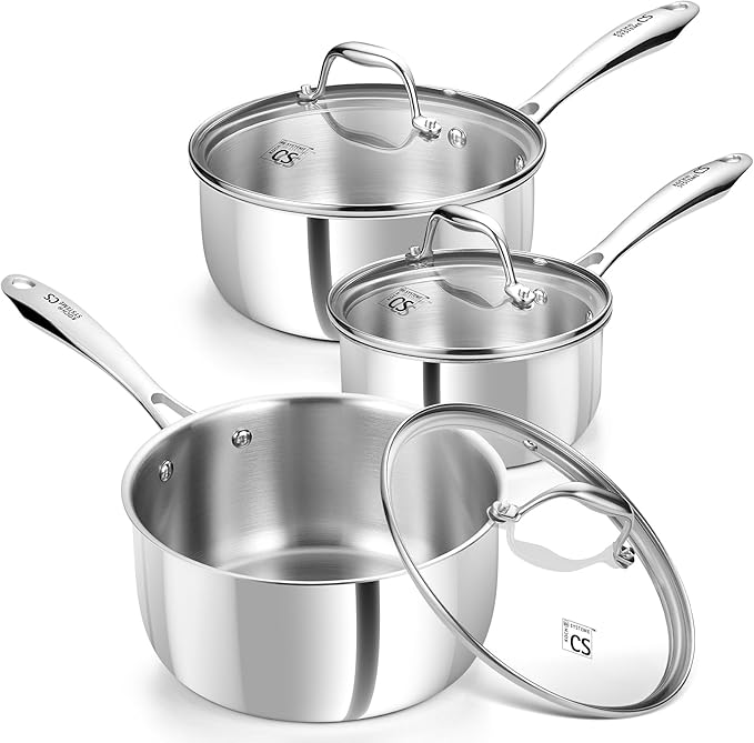 KOCH SYSTEME CS Triply Stainless Steel Saucepan Set, 1QT & 2QT & 3QT Stainless Steel Pot Set with lid, Diswasher & Oven Safe, Induction Compatible Pot, 6PCS