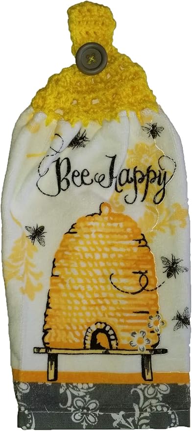 Handcrafted Yellow Crochet Topped Bee Happy Kitchen Towel
