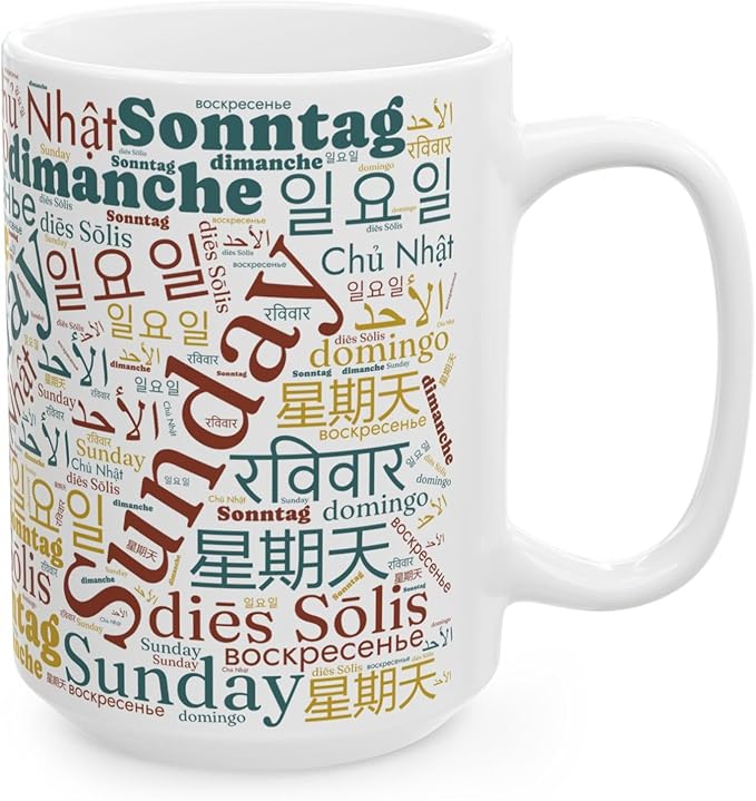 Vintage Sunday Word Cloud Mug | Global Languages Design | Teacher Appreciation Gift