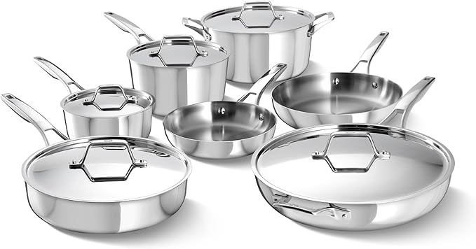 Calphalon Premier Polished 5-Ply Stainless Steel Cookware Set w/Turbo Heat Tech 12 Piece Includes Frying Pans, Pots and Pans Set, Induction, Oven Safe 500F, Silver