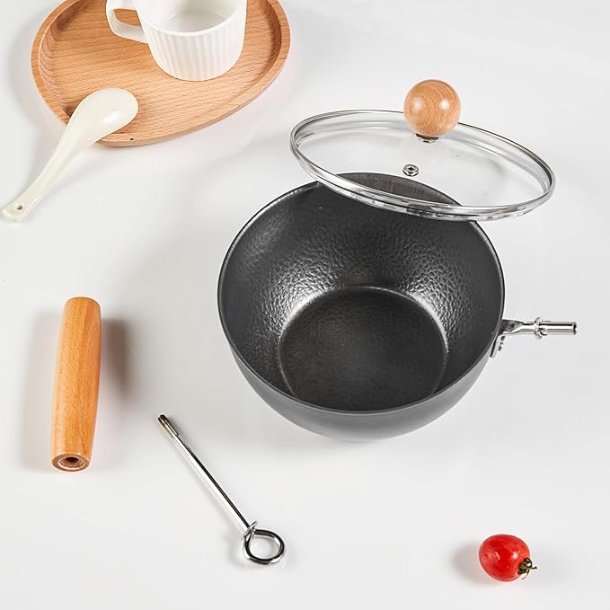 1.5 QT Small Wok, Cold-Forged Iron Mini Wok with Glass Lid, 7 Inch Flat Bottom Iron Cooking Pot for Stir Fry, Ramen, Soup & Oatmeal, Healthy Wok with Coating-Free, Induction Ready