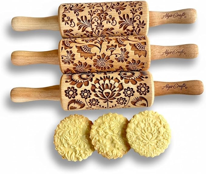 FLOWERS 3 Kid Rolling Pin Set with Damask, Folk and Floral Wreath Patterns. Wooden Laser Cut Mini Rolling Pins for Cookies, Play Dough, Salt Dough or Clay by Algis Crafts