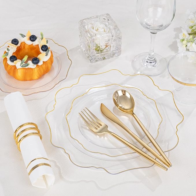 WDF 350Pcs Clear and Gold Plastic Plates - Heavy Duty Clear Plates Disposable - Gold Dinnerware Sets of 100 Plastic Plate 150Silverware 50 Cups 50 Napkins for Wedding/Party/Valentine's Day
