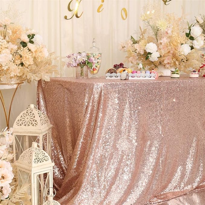 Eternal Beauty Rose Gold Tablecloth, 60x120 Inch Sequin Rectangle Table Cover for Valentines Cake Dessert Exhibition Party Birthday Events