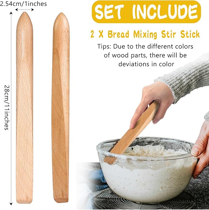 Hillban 2 Pcs 11 Inch Spurtle for Sourdough Stirring Stick Bread Mixing Stir Stick Bread Making Tools Paddle Wooden Dowel for Sourdough Spurtle Spatula Kitchen Cooking(Beech)