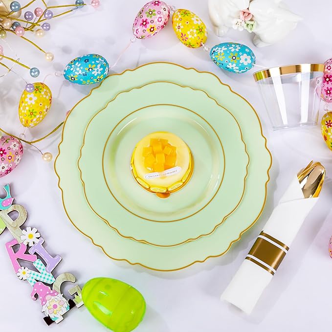Liacere 350PCS Light Green Plates - Disposable Green and Gold Plastic Plates 50guest Baroque Dinnerware include 100Plates,50Pack Pre Rolled Napkins with Silverware 50Cups for Wedding ＆ Easter Day