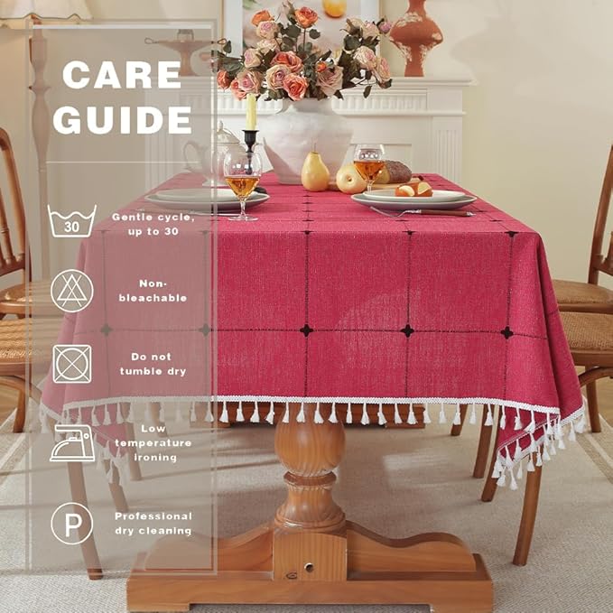 Pahajim Rustic Linen Tablecloth Cotton Rectangle Table Cloth for Kitchen Dining with Tassel Plaid Waterproof Tablecloths Rectangle/Oblong,55''x102'',8-10 Seats