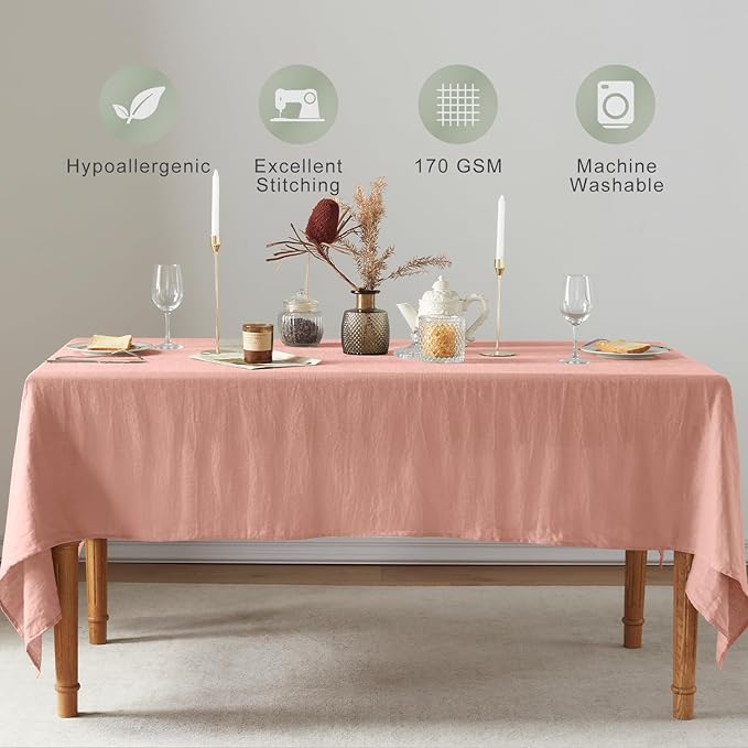 TOSMO 100% French Linen Rectangle Tablecloth, 144LX60W Prewashed Natural Linen Table Cloth for Farmhouse Dining, Buffet Parties, Picnic, Events, Weddings & Restaurants