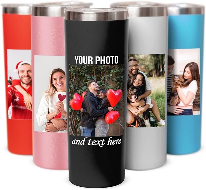 Custom photo tumbler with lids, personalized 20oz insulated drinking pictures thermal hot & cold beverages cups, skinny metal coated thermo gift for couples women & men, memorial, birthdays (Pictures)