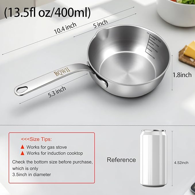 18/10 Stainless Steel Butter Warmer, 13.5 fl oz (400ml), Ideal for Heating Milk, Butter, Sauces, Baby Food, Coffee, Chocolate, Egg Pan, Compatible with Induction & Gas Stovetops
