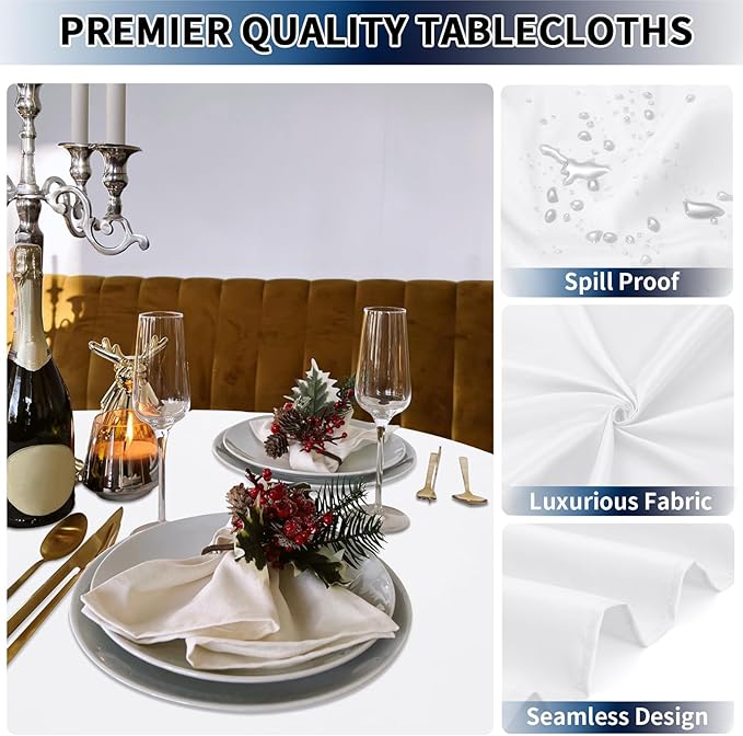 PureFit 6 Pack Round White Table Cloths 90Inch for Round Tables, Stain and Wrinkle Resistant Table Linens for Home Use, Wedding, Party, Banquet and Camping