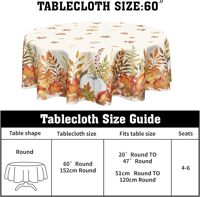Fall Tablecloth Round 60 Inch Thanksgiving Autumn Harvest Orange Pumpkin Maple Leaves Table Cloth Rustic Farmhouse Table Cover for Kitchen Dinner Home Decor
