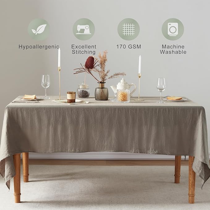 TOSMO 100% French Linen Tablecloth, Washable Farmhouse Rectangle Table Cloth for Kitchen, Dining, Party, Cocktail, Indoor and Outdoor Daily Use(52''x70'',Taupe)