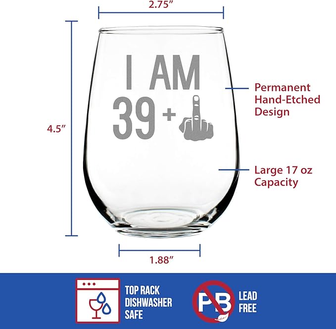 Bevvee - 39 + 1-40th Birthday Funny Stemless Wine Glass