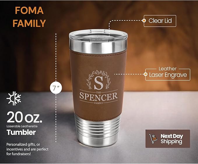 Personalized 20oz Leather Tumbler with Name and Logo, Personalized Stainless Steel Insulated Travel Mug Included Engraving, Custom Travel Mug for Hot & Cold Drinks, Vacuum Insulated