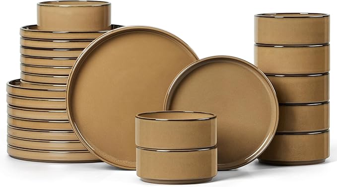 LIANYU 24 Piece Stoneware Dinnerware Sets, Modern Plates and Bowls Dishes Set for 8, Elegant Dinning Dishware for Dinner Salad Cereal, Dishwasher & Microwave Safe, Amber Gold