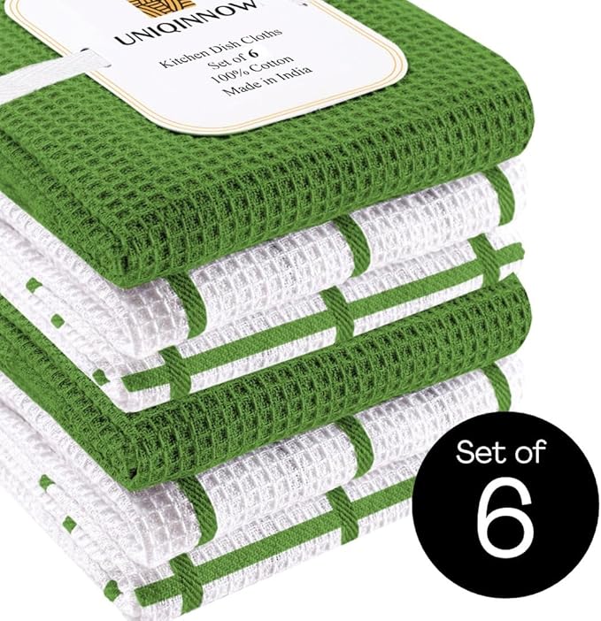 Assorted Waffle Kitchen Dish Towels 100% Cotton Set of 6, Soft Absorbent Quick Drying Table and Kitchen Linen, Tea Towels and Cleaning Towels with Hanging Loop, Dish Towels 15x25 Green