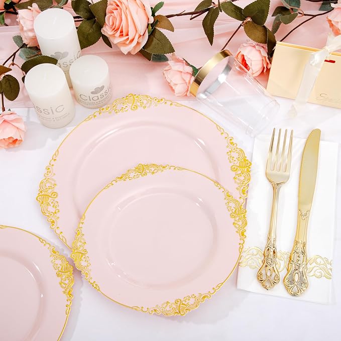 YOUBET 700PCS Pink Plastic Plates - Pink and Gold Plates - Luxury Pinks Dinnerware Set Include 200 Disposable Plates, 300 Heavy Duty Silverware, 100 Cups, 100 Napkins for Wedding Party Valentines Day
