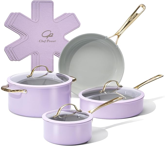 Chef Power Ceramic Cookware Sets, 10Pcs Pots and Pans Set Non Stick, Cookware Set with Stainless Steel Handle, Dishwasher & Oven Safe, Light Purple and Granite Grey
