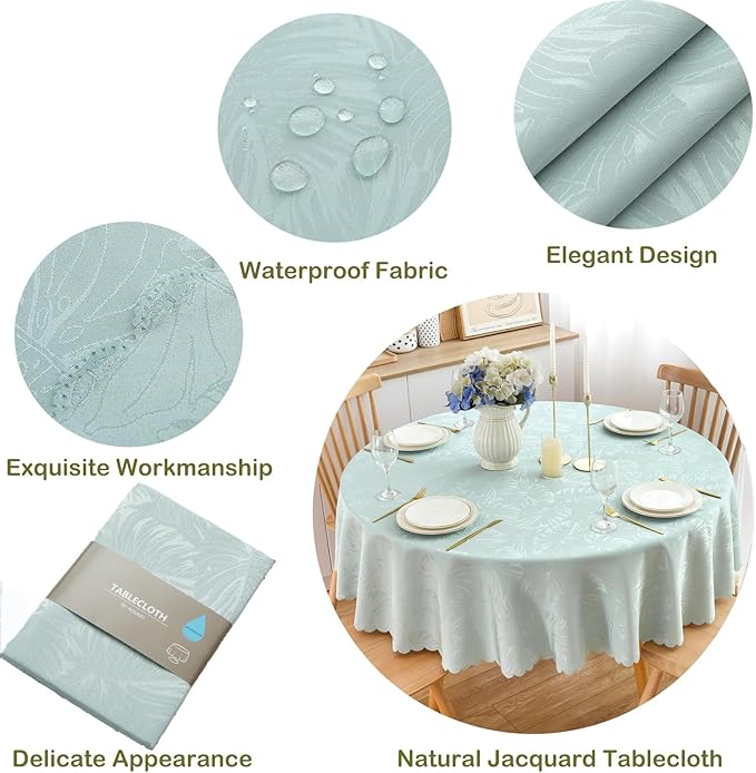 Round Tablecloth 60 Inch Jacquard Table Cloths Waterproof Washable Wrinkle Free Leaves Soft Fabric Tables Cover for 20-48”Table-Dinning Outdoor Birthday Party Kitchen & Linens(Aqua)