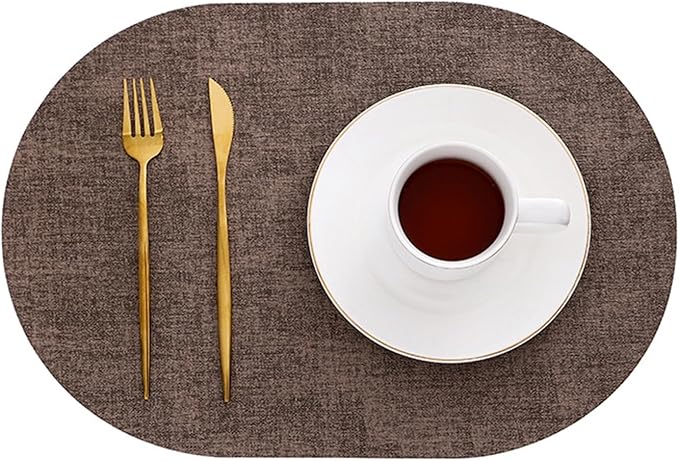 Luxury PU Oval Round Place Mats for Dining Set of 1/4 Non-Slip Coaster Leather Tableware Coffe Pads Kitchen Accessories(Vin Coffee,44x30cm 1pcs)