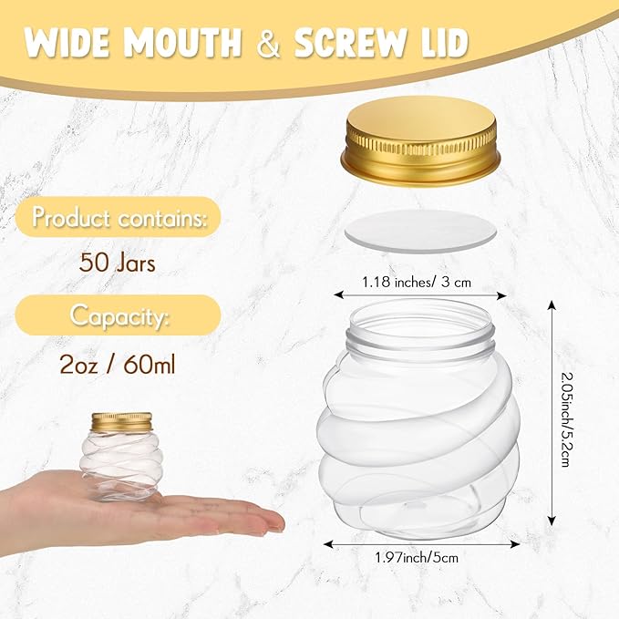 Suclain 50 Pcs 2 oz Mini Honey Jars Party Favors in Bulk Honeycomb Plastic Jars with Gold Lids Wide Mouth Canning Small Containers for Wedding Favors, Baby Shower DIY Gift Jelly Herb Jams Candy