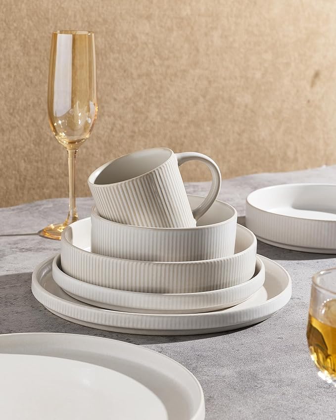 famiware Star Dinnerware Set with Pasta Bowls, Service for 6 (24 Pieces), Ribbed Stoneware Plates and Double Bowls Sets - Chip & Scratch Resistant, Microwave & Dishwasher Safe Dishes, Matte White