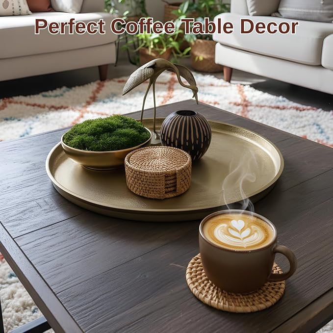 Handwoven Rattan Coasters Set of 6 for Drinks, Boho Wood Cup Coasters with Holder for Tabletop Protection, Vintage Coaster for Desk, Famrhouse & Hostess Gifts