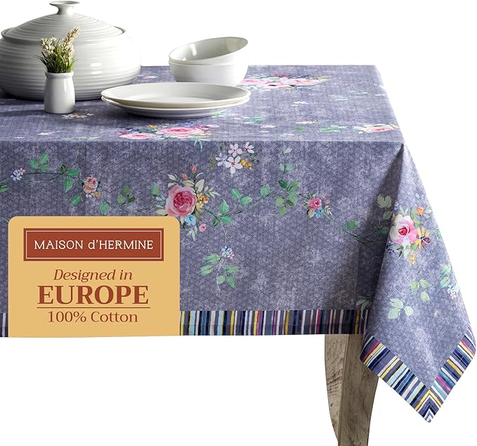 Maison d' Hermine Table Cloth Rectangle Table 100% Cotton 60 x 90 Inches Tablecloth Reusable Decorative for Dining Room Valentines Day Decorations Spring Summer - Sweet Rose Lavender - Country Garden