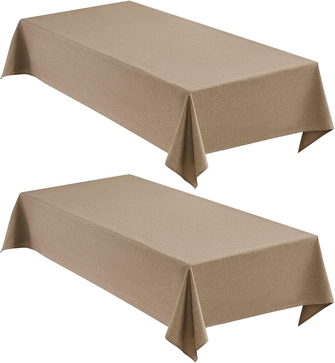 Faux Linen Tablecloths for Rectangle Tables, 2 Pack Burlap Textured Table Cloths Washable Farmhouse Table Cover Water Resistant for Dining, Wedding, Outdoor(Khaki, 60"×120")