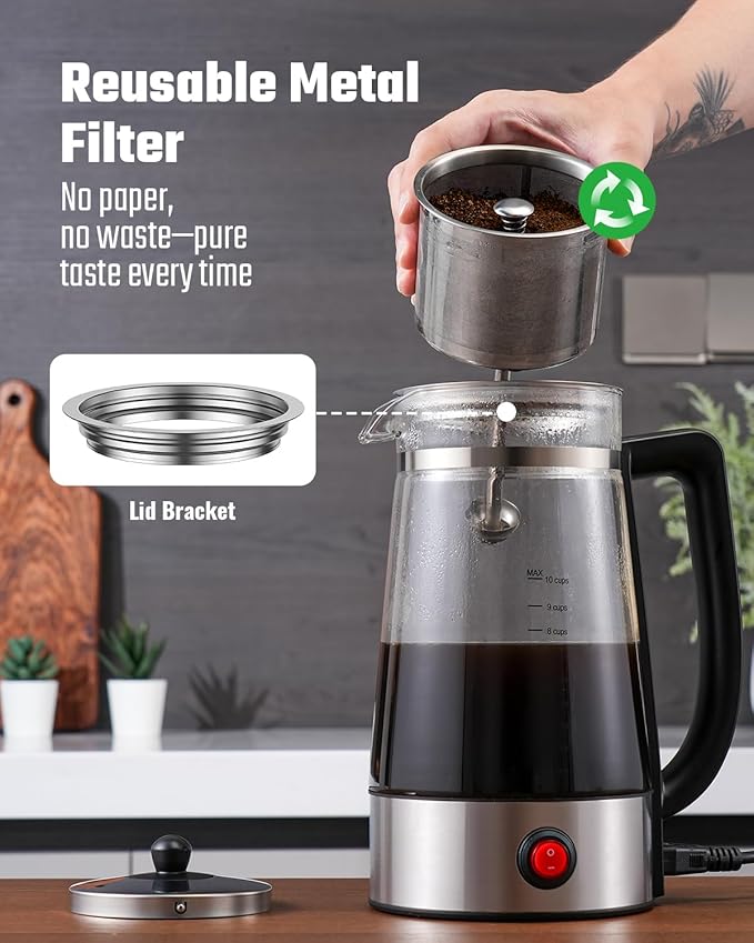Percolator Coffee Pot Electric Coffee Maker, Brews 2–10 Cups, Auto Keep Warm, Stainless Steel Basket, Borosilicate Glass, Easy-Pour Spout, Cool-Touch Handle