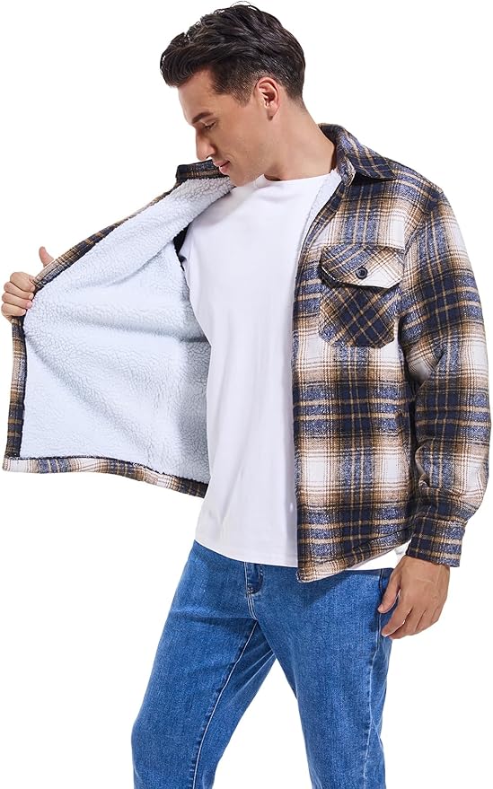 Men's Cotton Sherpa Lined Button Down Flannel Shirt Jacket Plaid Soft Outdoor Flannel Jacket Shirt