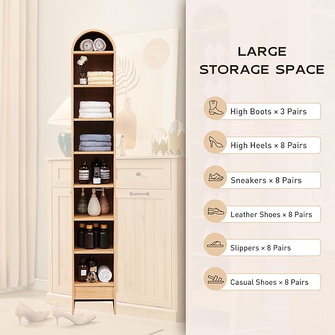 67" Tall Arched Bookshelf, 8 Tiers Arch Bookcase with Storage, Modern Farmhouse Book Shelf with Adjustable Shelves, Wood Bookshelf w/Open Display Shelves for Living Room, Office (Natural)