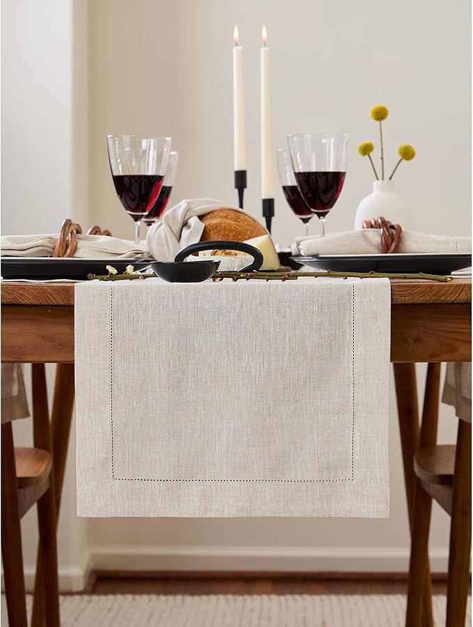 Solino Home Linen Light Natural Table Runner 132 Inches Long - 100% Pure Linen Extra Long Table Runner 14 x 132 Inch for Spring, Easter - Classic Hemstitch