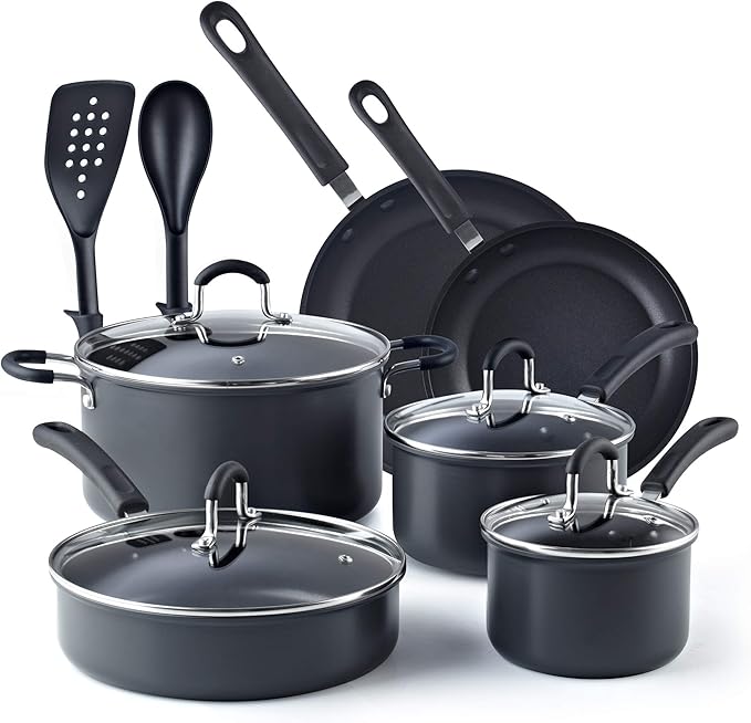 Cook N Home Pots and Pans Set Nonstick Professional Hard Anodized Cookware Sets 12-Piece, Dishwasher Safe with Stay-Cool Handles, Black