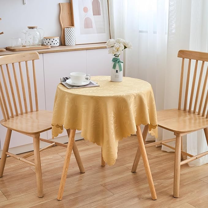 Square Tablecloth Small Table Cloths 36x36 Inch Up to 22" Tables Leaves Pattern Scalloped Edge Waterproof Jacquard Nightstand End Table Cover for Coffee Teapoy Table Room Decor (Golden)