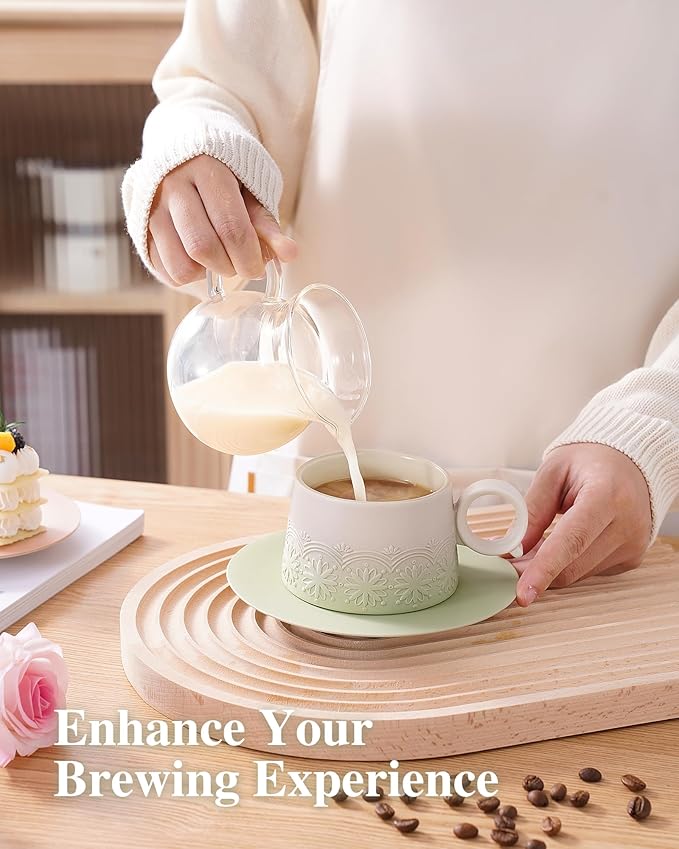 ZENS 7.3 Ounce Cappuccino Mug Set of 2, Artistic Embossed Ceramic Cappuccino Cups with Saucers for Cafe Matcha, Double Espresso Cups Set of 2 for Au Lait or Tea, Coffee Lovers Gifts, Pale Green