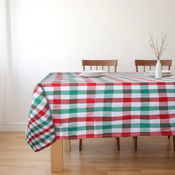 Urban Villa Tablecloth Christmas Tabletop Cover Kitchen Dining Tablecloth 100% Cotton Holiday Celebrations Wedding Dinner Parties Red/Green/White Color Rectangle 60X102 Inches 8-10 Seats Table Cloth