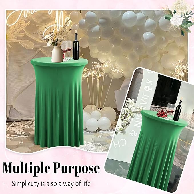 Qubjus 2 Pack Round Cocktail Table Covers with Skirt Stretch Spandex Tablecloth 24"x43" Cocktail Round Tablecloth for Party Wedding Birthday Banquet, Green